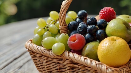 Various fresh fruits in a basket on white background, health eating concept, food flat lay, for website, banners and marketing materials and copy space