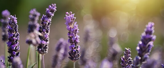Lavender flower background with beautiful purple colors and bokeh lights. Blooming lavender in a field at sunset. Close up. Selective focus