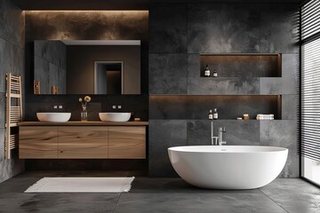 Contemporary Wooden Panel Bathroom with White Sink and Bathtub
