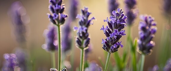 Obraz premium Lavender flower background with beautiful purple colors and bokeh lights. Blooming lavender in a field at sunset. Close up. Selective focus