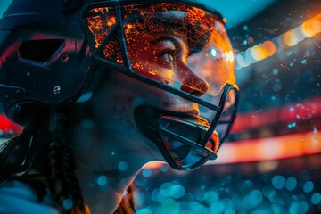 Close-up of AR in sports, capturing immersive fan experiences and athlete training enhancements,highlighting intense focus and determination, with dynamic lights and bokeh background.