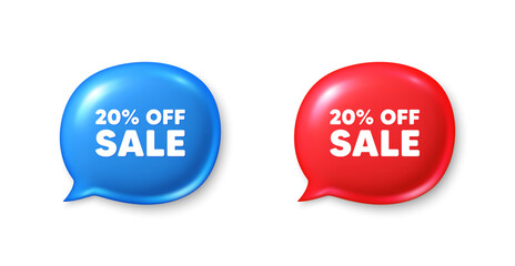 Sale 20 percent off discount. Chat speech bubble 3d icons. Promotion price offer sign. Retail badge symbol. Sale chat offer. Speech bubble banners set. Text box balloon. Vector