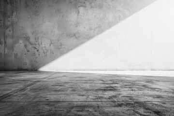Black and white photo of an empty room with a concrete floor and white wall. Created with Ai