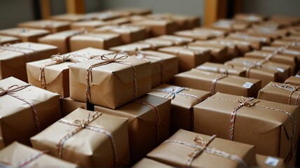 Fototapeta premium Lots of postal packages wrapped and prepared for delivery.