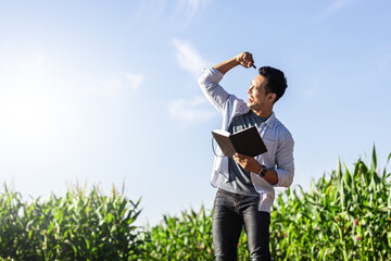Farmer is standing in his growing corn field. He is examining crops after successful sowing.