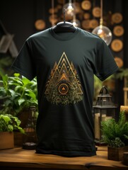 Obraz premium T-shirt design featuring forest, mountains, outdoor, trees, and nature, set against a black background