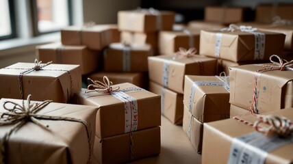 Lots of postal packages wrapped and prepared for delivery.