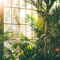Sunlight shining through the glass window of the greenhouse