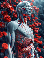 Illustration of a human figure showing muscles and blood vessels surrounded by red roses, created by artificial intelligence. 