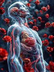 Illustration of a human figure showing muscles and blood vessels surrounded by red roses, created by artificial intelligence. 