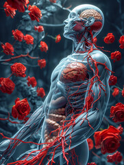 Illustration of a human figure showing muscles and blood vessels surrounded by red roses, created by artificial intelligence. 