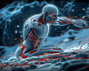 Illustration of a human figure showing muscles and blood vessels surrounded by red roses, created by artificial intelligence. 