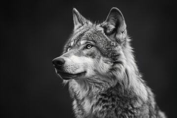 Digital artwork of  black, white picture of a grey wolf with a dark background