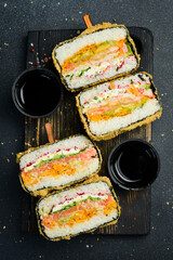 Homemade asian style gluten free sushi salmon burger.