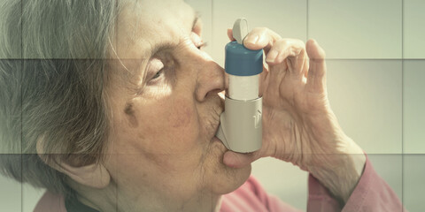 Senior woman with asthma inhaler, geometric pattern