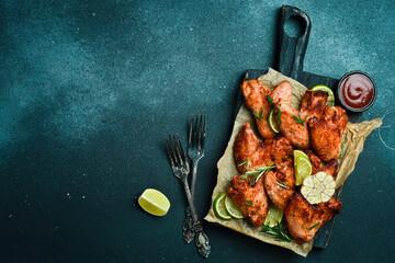 Baked Buffalo chicken wings with onions and spices on a board. On a dark background.