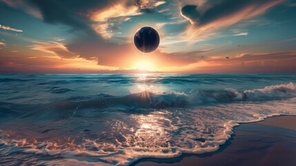 Solar eclipse illustration. Above the water