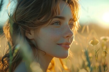 Naklejka premium A serene scene depicting a woman amidst a field with golden hour sunlight and blurred face