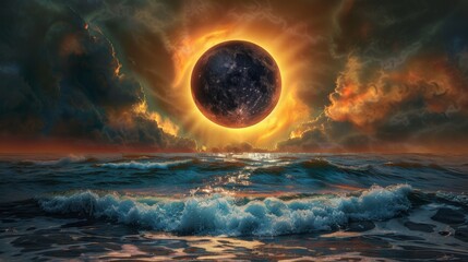 Solar eclipse illustration. Above the water