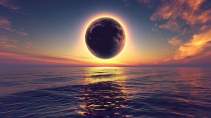 Solar eclipse illustration. Above the water
