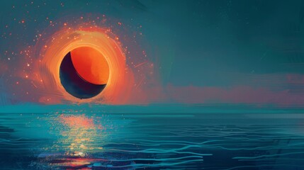 Solar eclipse illustration. Above the water