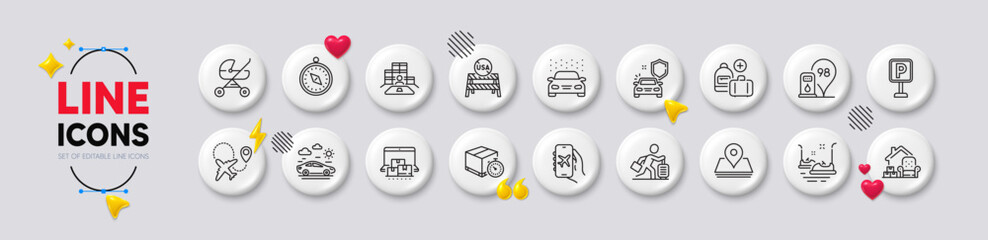 Fototapeta premium Delivery timer, Car wash and Car travel line icons. White buttons 3d icons. Pack of Online storage, Inventory, Parking icon. Bumper cars, Petrol station, Usa close borders pictogram. Vector