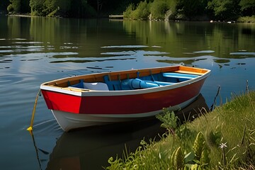 Obraz premium Reflections of Calm: A Boat’s Solitude on the Water