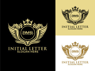 Luxury royal wing Letter DMR Logo vector, Luxury wing crown emblem alphabets logo design template