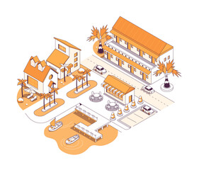 Resort street with hotels - vector isometric illustration. Summer holiday by the water with good accommodation. Cafe, parking places, village, pier with boats, highway, car, palm trees and fun idea