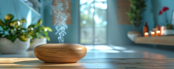 A wooden essential oil diffuser is sitting on a table, there is white mist coming out. - Powered by Adobe