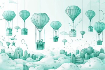 Parachutes, interlinked by a network of strings, set against a soft, dreamy background in a flat minimal style