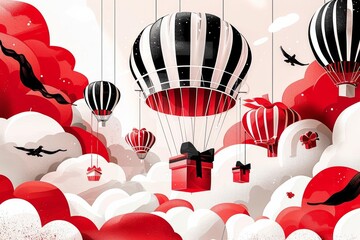 Craft a 3D scene where multiple gift boxes on parachutes descend through a cloud network