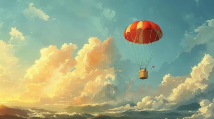 Visualization of a gift box floating down from the sky by a parachute, surrounded by soft clouds, styled in flat minimal 3D render against a gentle background