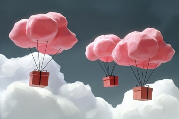 3D illustration of a network of parachutes carrying gift boxes through fluffy clouds