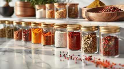 A collection of colorful spices, arranged in glass jars and labeled with elegant typography, standing out against a spotless white countertop