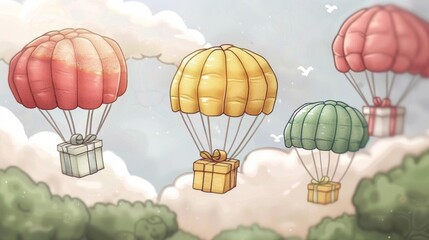 Parachutes each carrying a different colored gift box