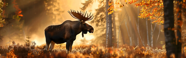 A moose mammals habitat in field in autumn against the background of a forest
