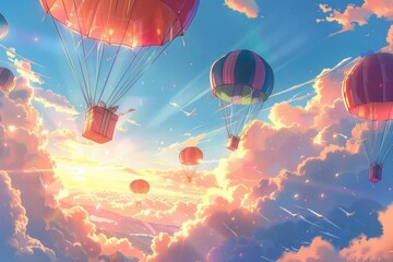 Whimsical 3D graphic of colorful gift boxes descending on parachutes