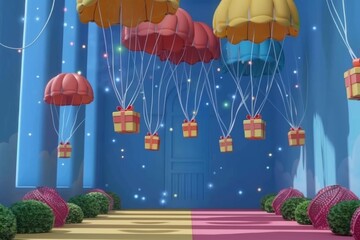 Illustrate a 3D model of parachutes connected by a digital network, each carrying a gift box, designed in flat minimal style with a soft, pastelcolored background