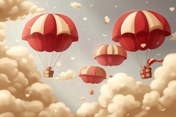 Illustrate a series of 3D parachutes each with a unique gift box