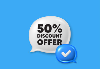 50 percent discount tag. Text box speech bubble 3d icons. Sale offer price sign. Special offer symbol. Discount chat offer. Speech bubble banner. Text box balloon. Vector