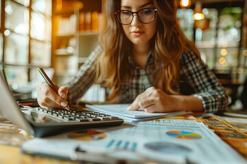 Fototapeta premium Woman working with calculator and laptop at table