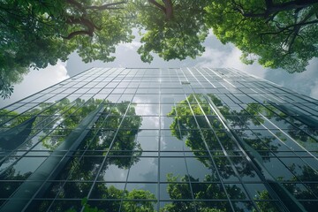 The green reflection of the trees on the glass windows of a modern skyscraper.