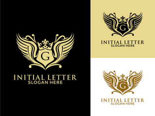 Luxury royal wing Letter G Logo vector, Luxury wing crown emblem alphabets logo design template