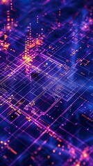 Fototapeta premium A glowing purple and blue circuit board with glowing orange nodes.
