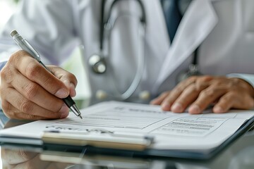 Person writing medical report clipboard pen