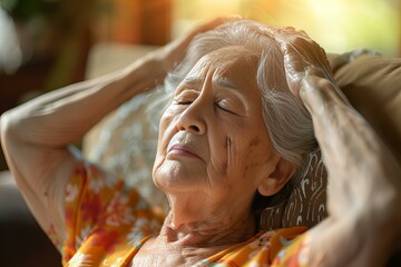 Elderly woman relaxing on sofa with eyes shut