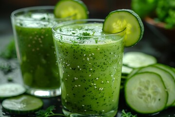 Cucumber Lime Smoothie - Light green with cucumber slices and a lime wedge. 