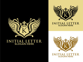 Luxury royal wing Letter K Logo vector, Luxury wing crown emblem alphabets logo design template