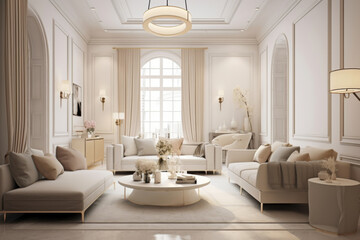 Interior design. Computer Generated Image Of Modern apartment living room. Architectural Visualization. 3D Render.
